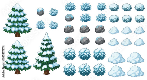 A collection of cartoon-style winter game assets featuring snow-covered evergreen trees, icy rocks, snowy bushes, and snow piles.