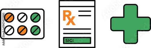Vector set of healthcare icons, including pills, prescription, and medical cross symbol for health and medicine concepts