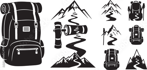 Hiking Backpack and Mountains Icon Set for Adventure Travel
