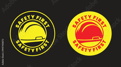 Safety First Hard Hat Symbol on Black Background – Construction Safety Sign Red Circular Icon