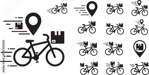 Delivery bicycles with boxes and location icons on map