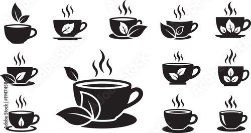 Black and white steaming tea cups with leaf icons
