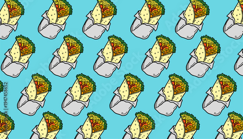 Doodle Burrito Pattern. Buritto seamless pattern. Mexican Wrap Food Illustration. Handdrawn Tortilla Snack. Repeating Streetfood Background. Decorative Packaging Textile Design.