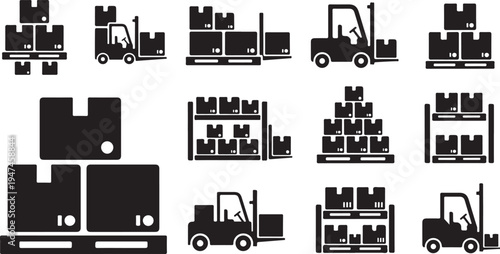 Forklift Silhouettes and Warehouse Logistics Icons Set
