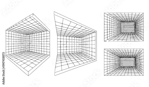 Abstract 3D room wireframe grid vector set with black perspective lines geometric interior design