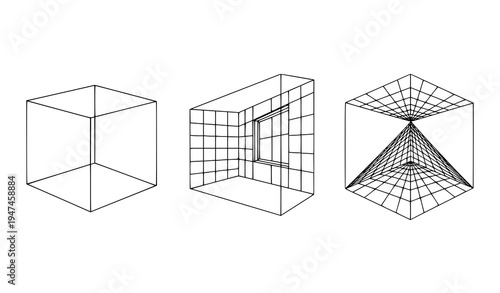3D room grid perspective vector set with black line wireframe rooms geometric interior outline