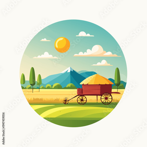 Farm scene with a wagon in a sunny landscape.