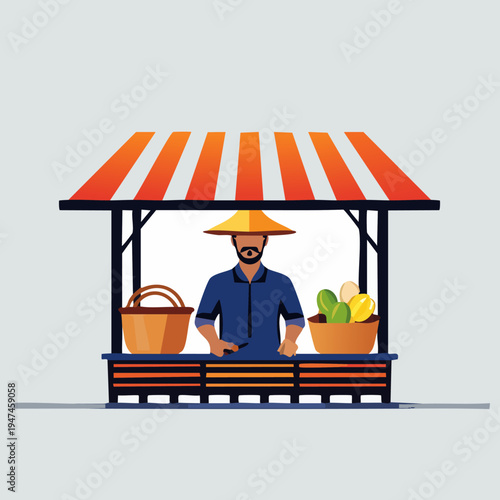 Farmer at stall selling fruits and vegetables in market.