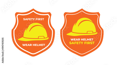Construction Safety Helmet Badge Icon Set, Hard Hat Protection Warning Shield Emblem for Industrial Worker Safety Sign Symbol