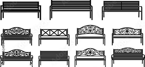 Park bench silhouettes collection with classic wooden and decorative wrought iron designs, outdoor garden seating furniture vector illustration set isolated on white background
