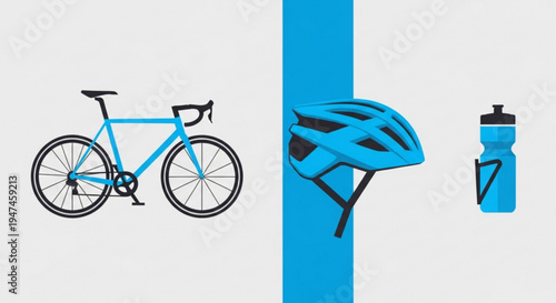 Cycling essentials including a blue bicycle helmet and water bottle on a gray background with blue accents