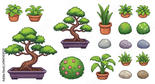 This vector displays a diverse assortment of pixel art plants, including potted varieties, bonsai trees, shrubs, and rocks, isolated on white.