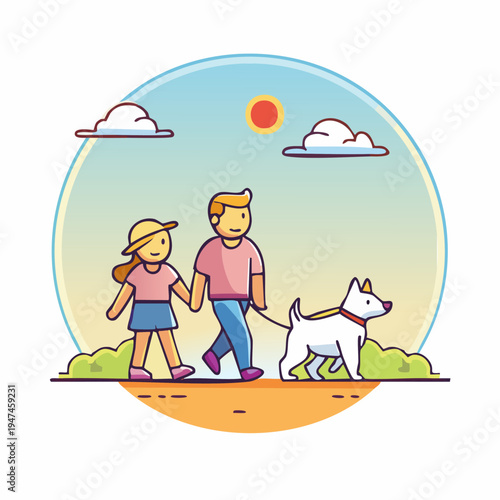 Father and daughter walking dog in park on sunny day.