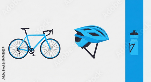 Blue bicycle with black accessories bike helmet and water bottle for cycling