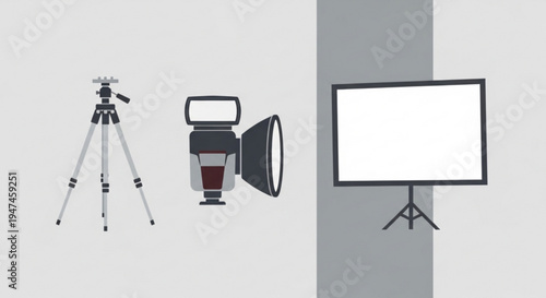 Studio photography equipment setup with tripod softbox light and blank screen for product or portrait photography
