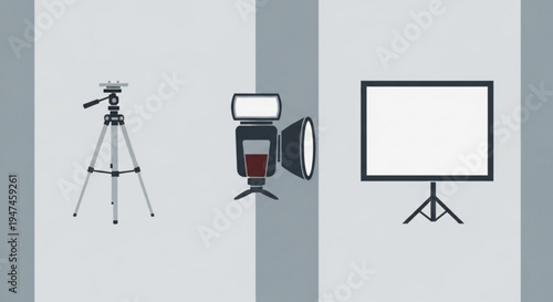 Studio equipment for photography and videography with a tripod softbox light and reflector screen on stands for product showcase and video production in a professional setting