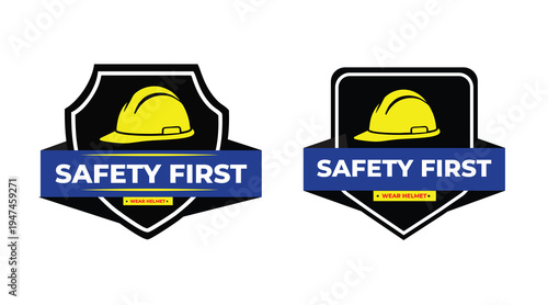 Safety First Hard Hat Badge Logo, Construction Helmet Protection Shield Emblem Industrial Worker Safety Warning Sign Icon