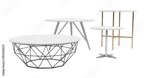 four distinct modern round coffee tables featuring matte white tops and varied sleek metal bases on a seamless high-key studio background, emphasizing minimalist furniture design concept