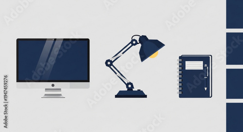 Office workspace setup with computer desk lamp and notebook on a clean background for productivity and organization
