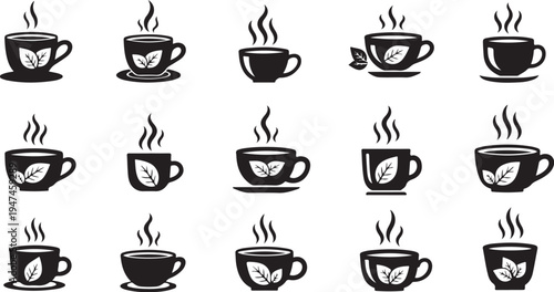 Black and white coffee cup icons with steam rising