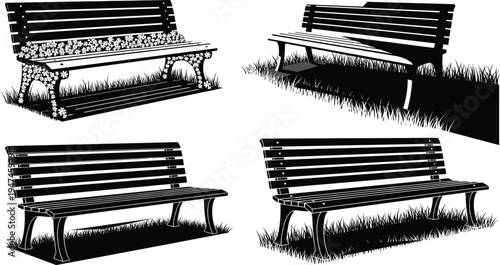 Park bench silhouettes collection with wooden outdoor seating on grass, public garden furniture vector illustration set isolated on white background