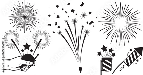Fireworks Celebration Silhouette Vector Graphics Set for Party Decor