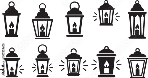 Black and white lantern icons with candlelight illustrations