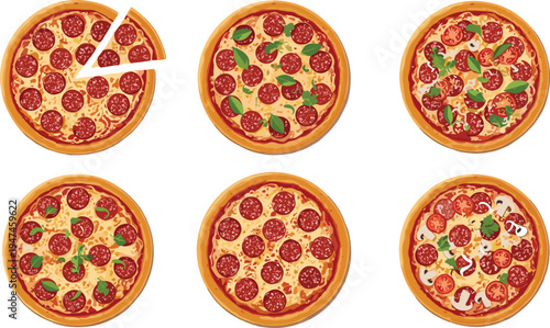 Pizza varieties collection with pepperoni, vegetables and cheese toppings, Italian fast food round pizzas vector illustration set isolated on white background