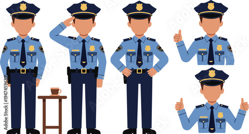 Police officer character set with different poses including salute and thumbs up, cartoon law enforcement uniform avatar vector illustration isolated on white background