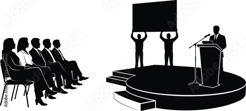 Political leader giving speech at podium with audience and protesters holding blank banner silhouette vector illustration, public rally and protest demonstration concept