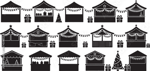 Black and white Christmas market stall icons on white