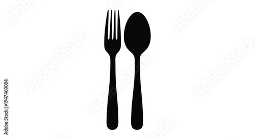 Simple black and white illustration of a fork and spoon on a white background
