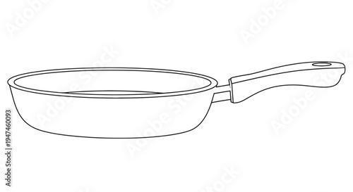Simple line drawing of a frying pan with a long handle on a white background