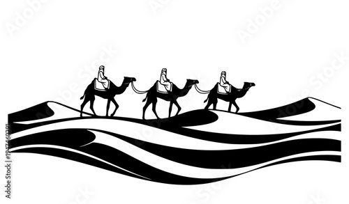 Traveler with camel silhouette on desert dune peak minimalist black vector concept illustration