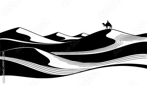 Endless desert dunes with traveler riding camel black silhouette minimalist vector illustration isolated on white