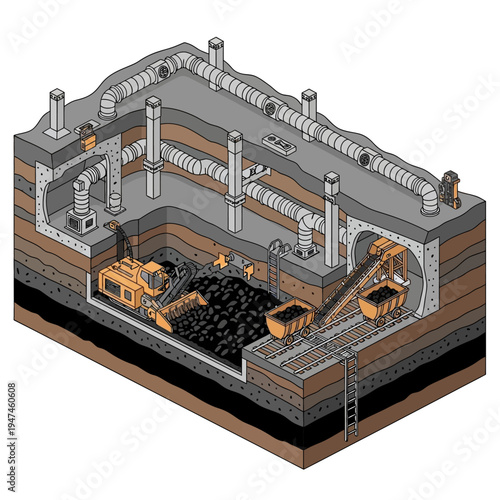 Isometric illustration of an underground coal mine, showcasing extraction and transport processes.