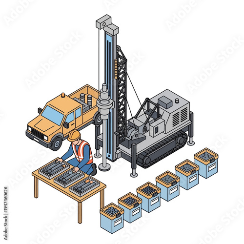 An illustration of a drilling rig, truck, and a person working on site.