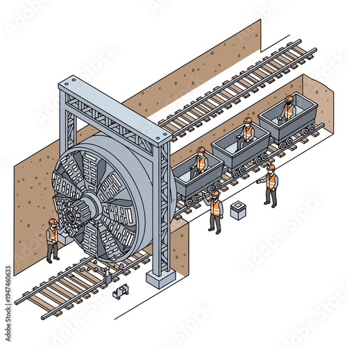 A large tunnel boring machine excavates a tunnel, with workers and transport carts.