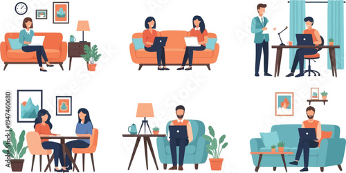 Set of 6 people working from home vector illustrations