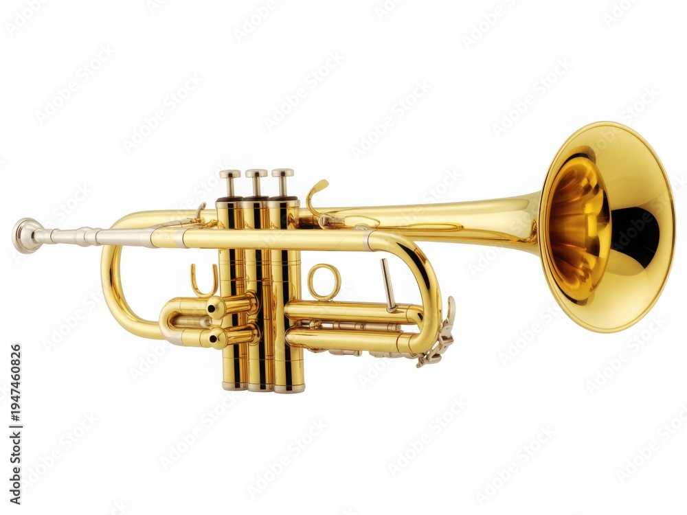 Obraz premium A close-up view of a shiny golden trumpet with a black mouthpiece isolated on white background