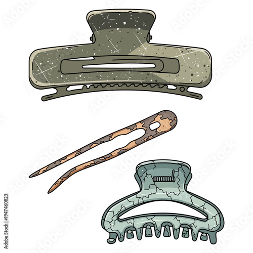 Hair accessories: claw clips and hairpin, retro style, isolated on white