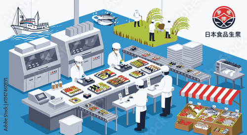 Illustration of a bustling food processing facility with workers preparing sushi and various ingredients on a large production line.