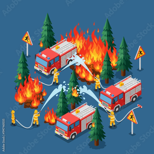 Isometric illustration of firefighters battling a forest fire with fire trucks and water hoses.