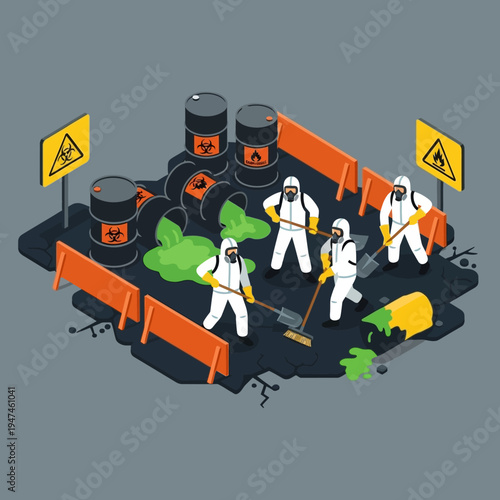 Hazmat team cleaning up a toxic spill from damaged barrels on the ground.