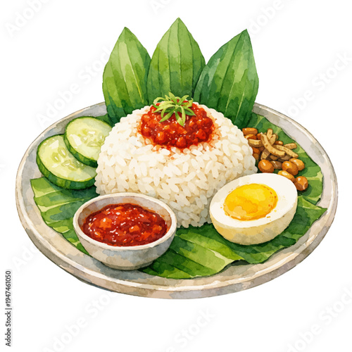 A watercolor illustration of nasi lemak for Malaysian food designs, traditional cuisine illustrations, street food artwork, and Asian meal themes.