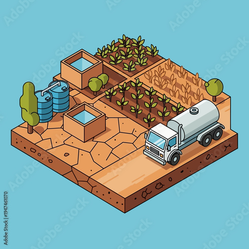 Isometric illustration depicting a water truck delivering water to a parched agricultural field.