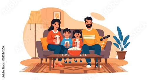 Cozy family movie night illustration on sofa and living room. Vector Illustrations. EPS Editable