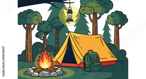 Cozy Forest Camp Scene With Tent Campfire And Lantern. Vector Illustrations. EPS Editable