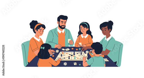 Diverse group gathers around a board game night at a table. Vector Illustrations. EPS Editable