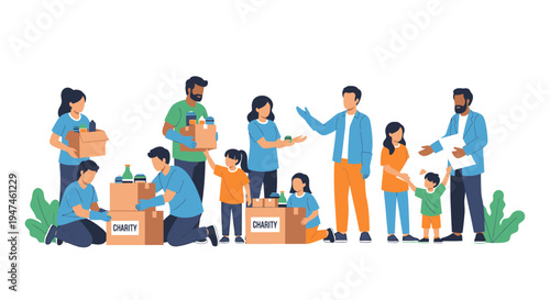 Diverse Group Volunteers Collaborating and Packing Boxes for Community Project. Vector Illustrations. EPS Editable